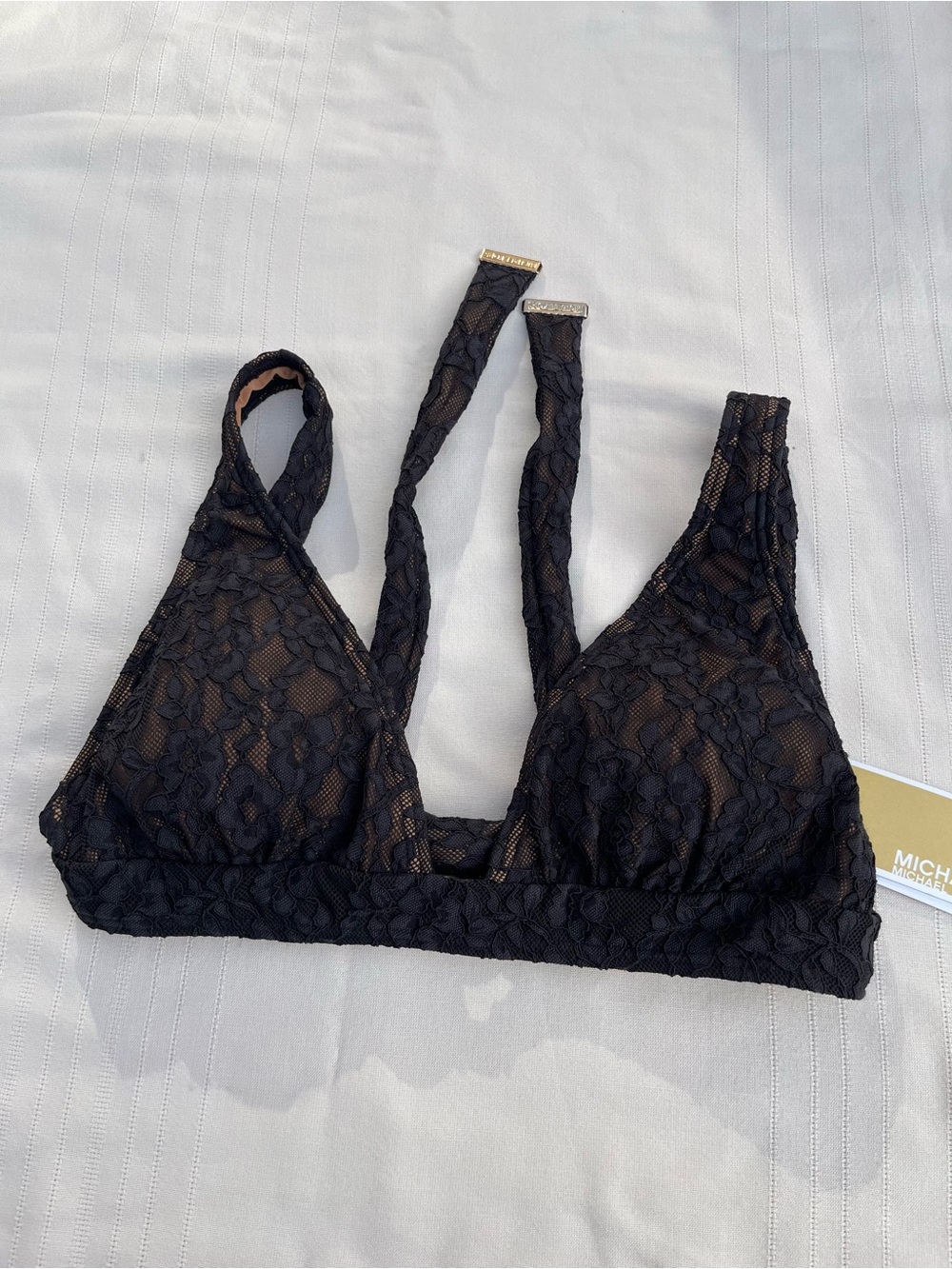 Michael Kors Black Lace Triangle Bikini Tie Back Top